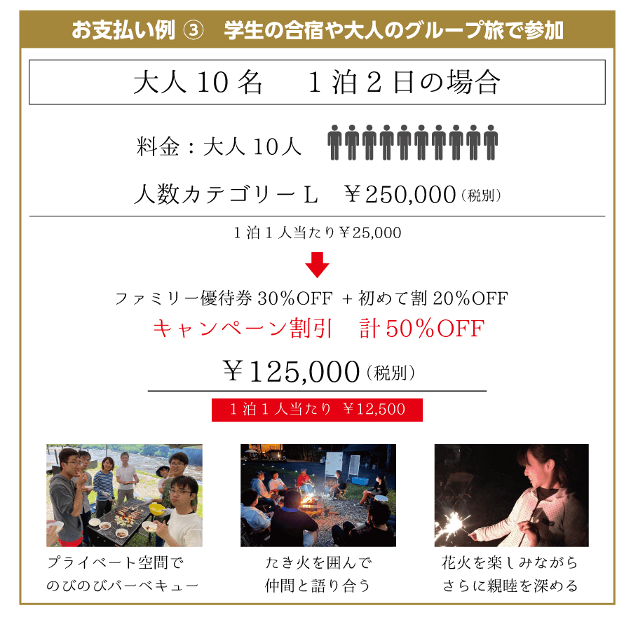 学生の合宿や大人のグループ旅で参加の場合の料金